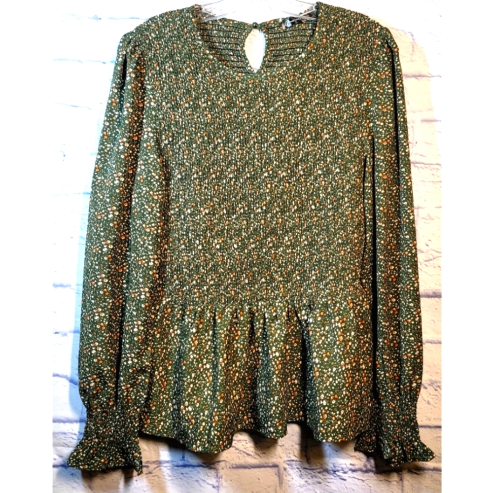 Pretty Garden Floral Smocked Blouse Long Sleeve Ruffled Size XL Multicolor